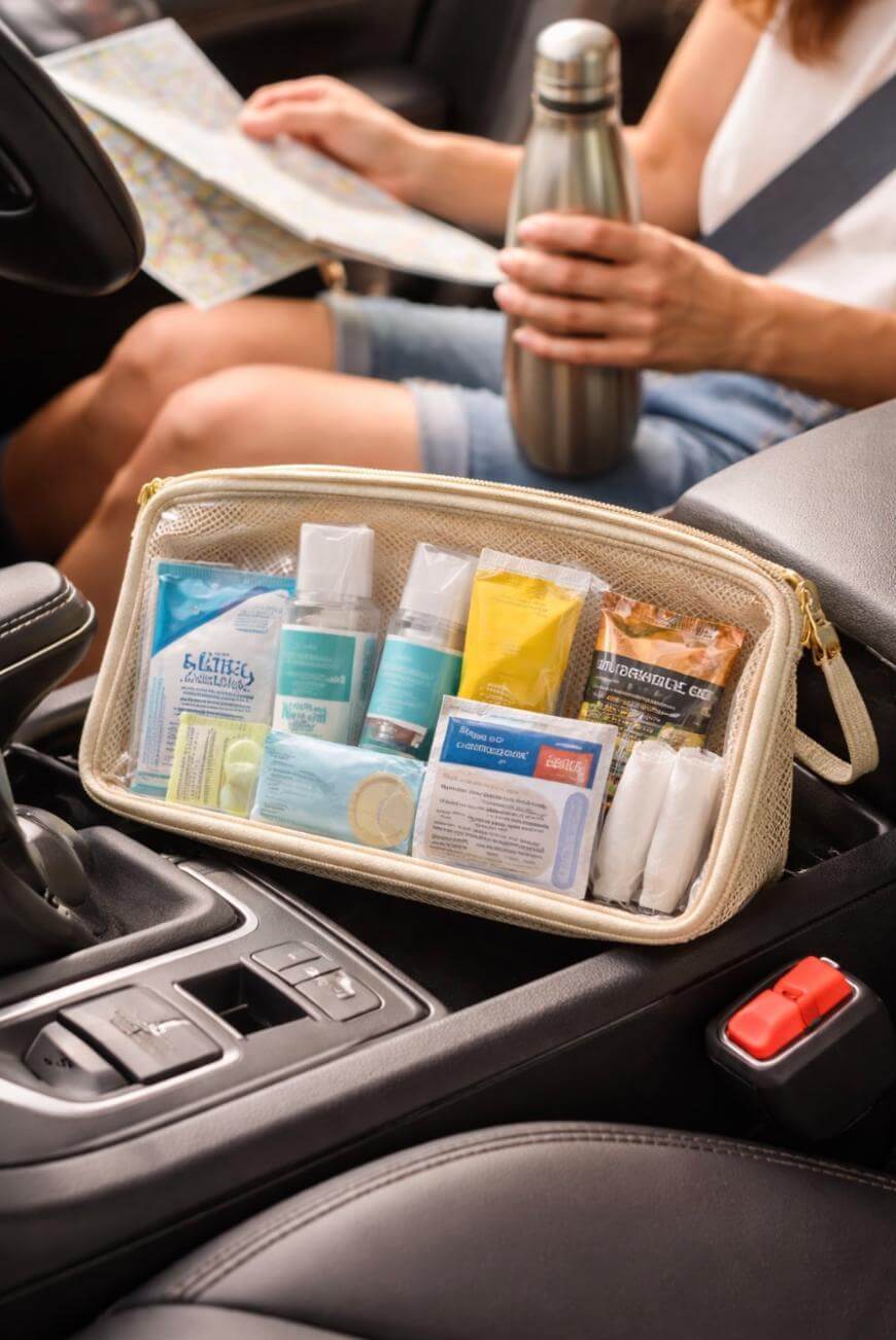 A travel kit containing toiletries, sanitizer, tissues, and snacks sits on a car seat. A person in the background holds a thermos and a map, wearing casual summer clothes, ready for a road trip.