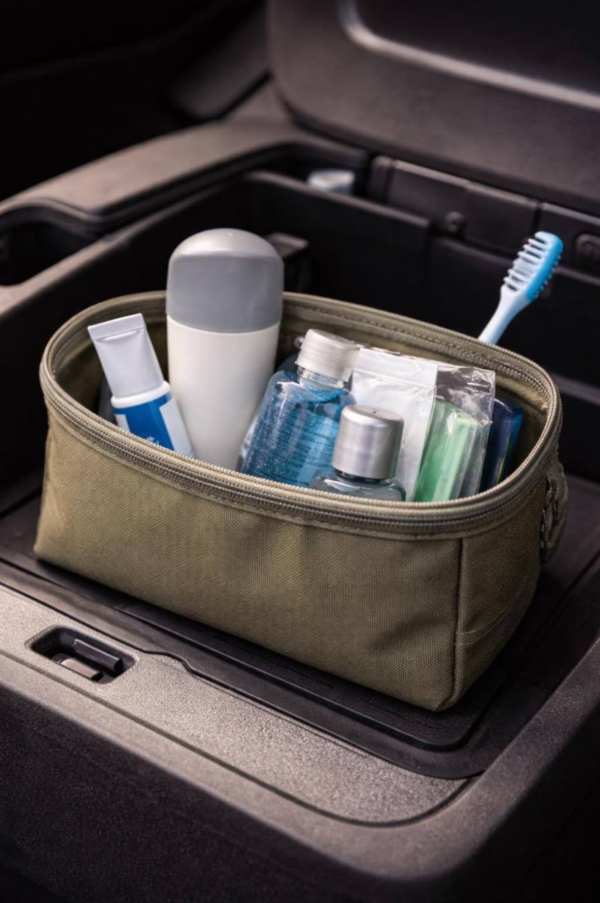 A khaki toiletry bag containing a toothbrush, toothpaste, deodorant, hand sanitizer, a small spray bottle, and travel-size hygiene products sits on a cars center console.