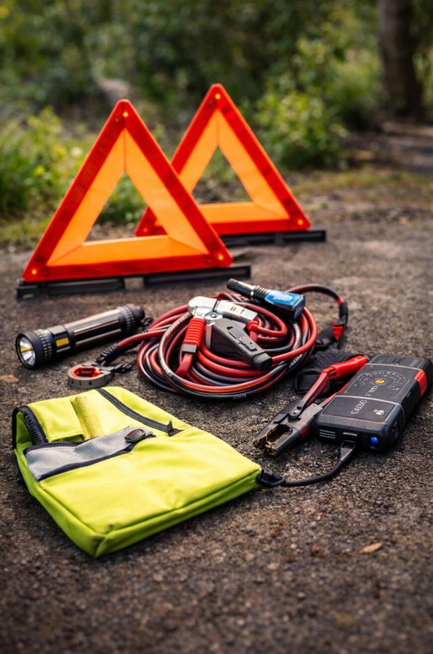 A roadside emergency kit on pavement, including two orange warning triangles, a flashlight, jumper cables, a multi-tool, a battery jump starter, and a neon yellow bag. Green foliage is visible in the background.