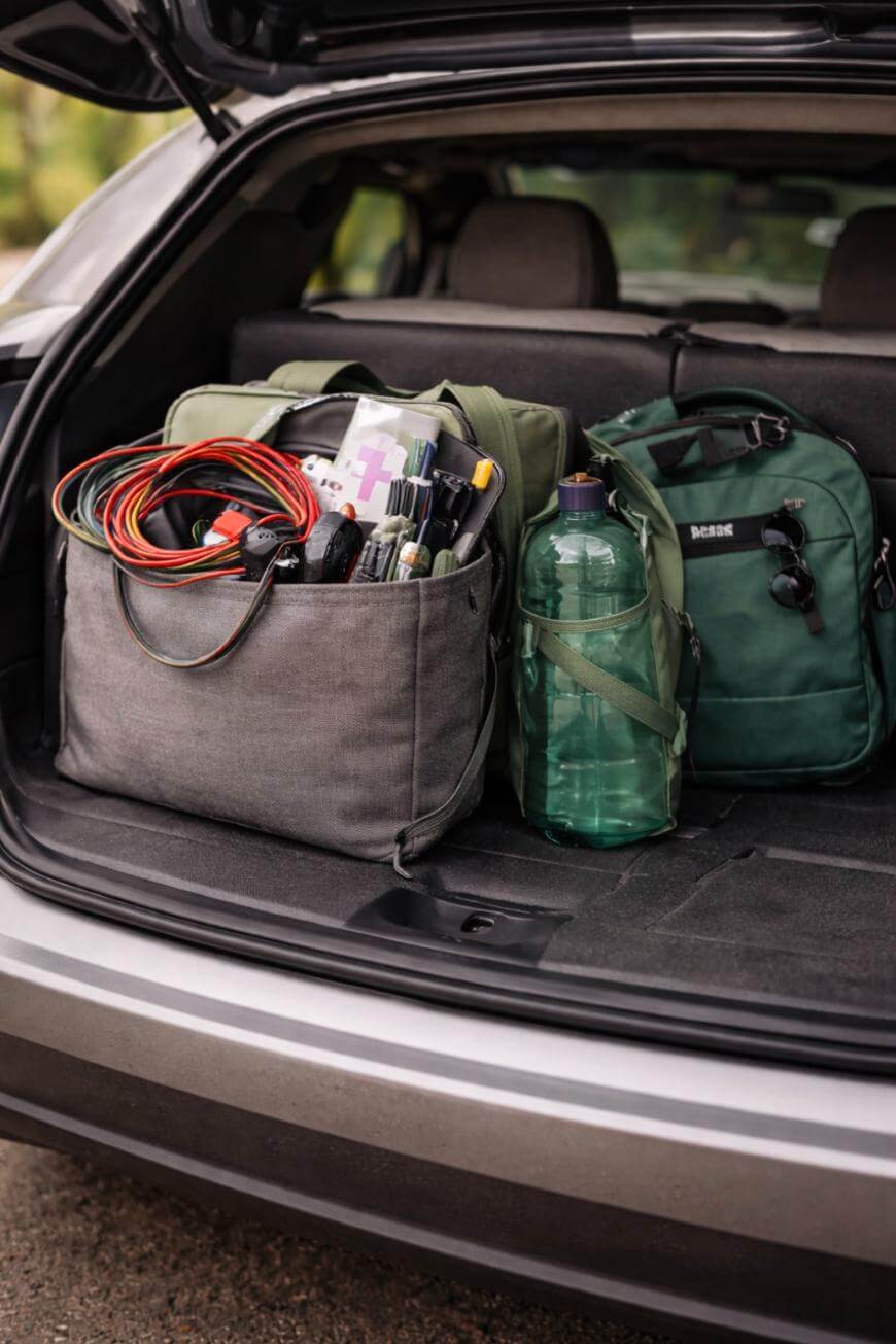 The open trunk of a car shows a gray bag filled with emergency supplies, a large green water bottle, and two green bags, indicating preparedness for travel or emergencies.