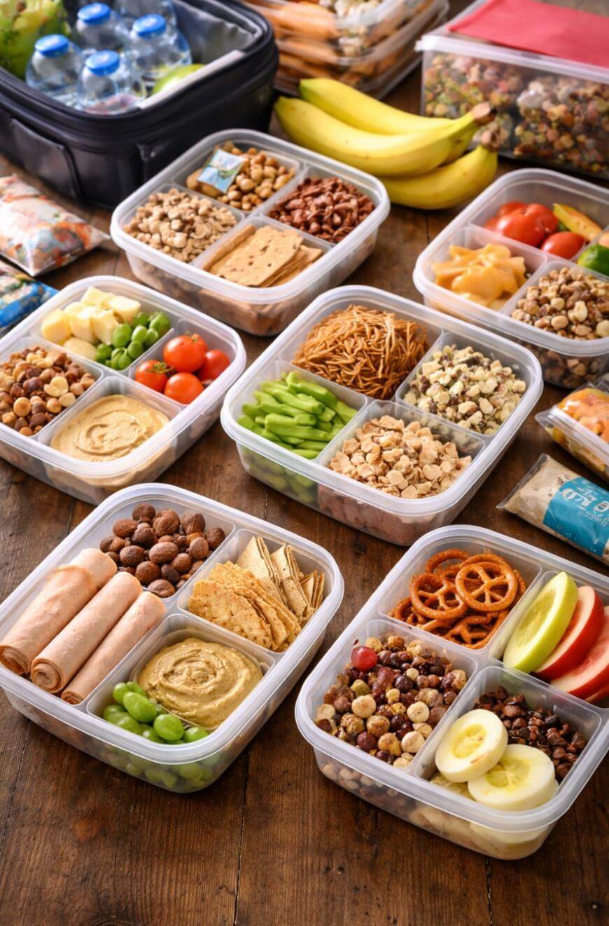 Assorted plastic containers filled with healthy snacks like hummus, veggies, fruit, nuts, crackers, sliced turkey, eggs, and pretzels, arranged on a wooden table, with water bottles and bananas in the background.