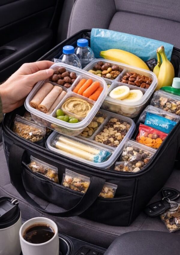 A hand holds a container with veggies, hummus, and snacks over a bag filled with assorted healthy snacks, nuts, fruit, water bottles, and breakfast foods on a car seat. Nearby are car keys, a cup, and a banana.