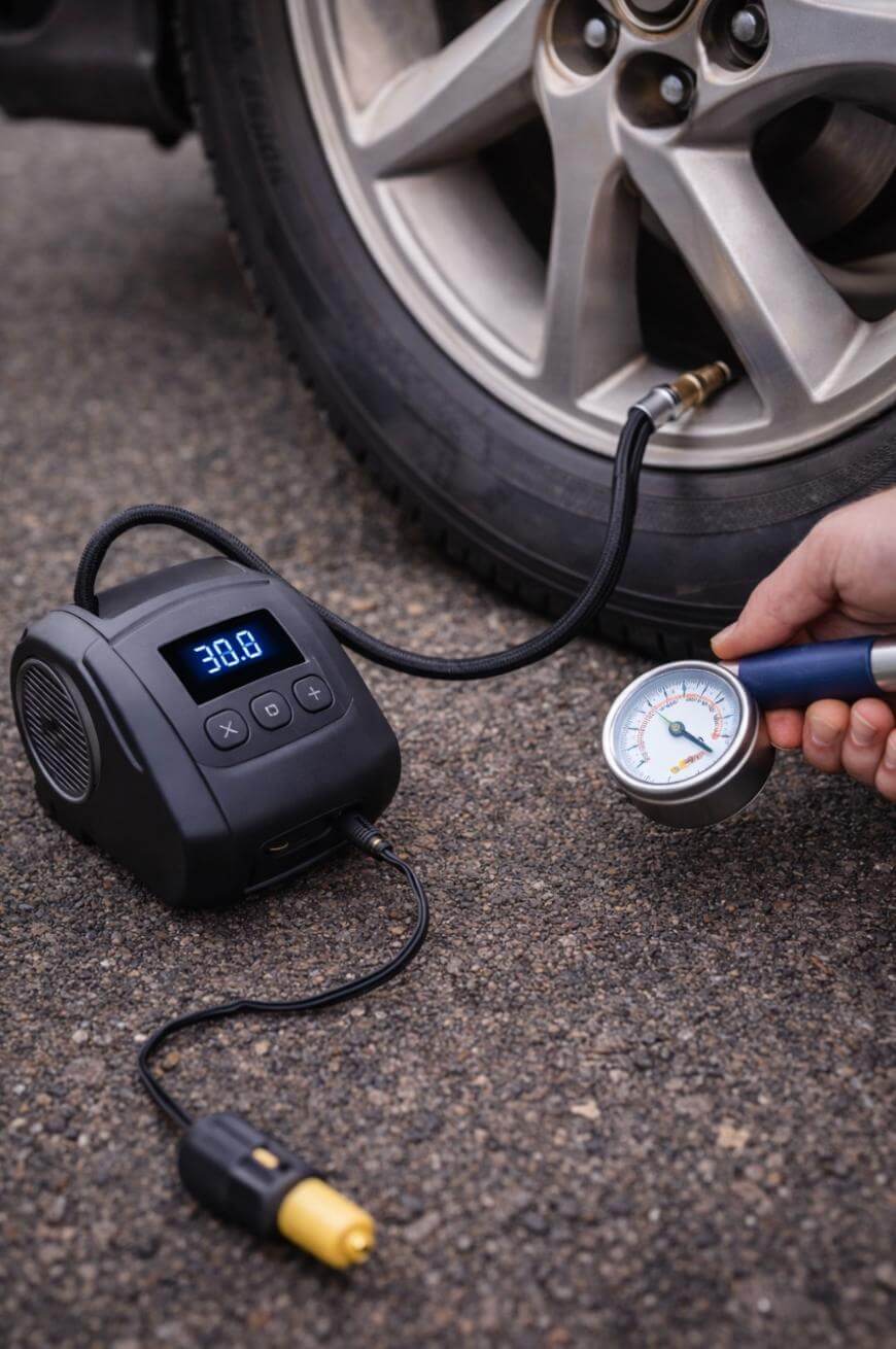 A person checks a car tires air pressure with a gauge while an electric air compressor is connected to the tire valve. The compressor displays a reading of 30.0 on its screen.