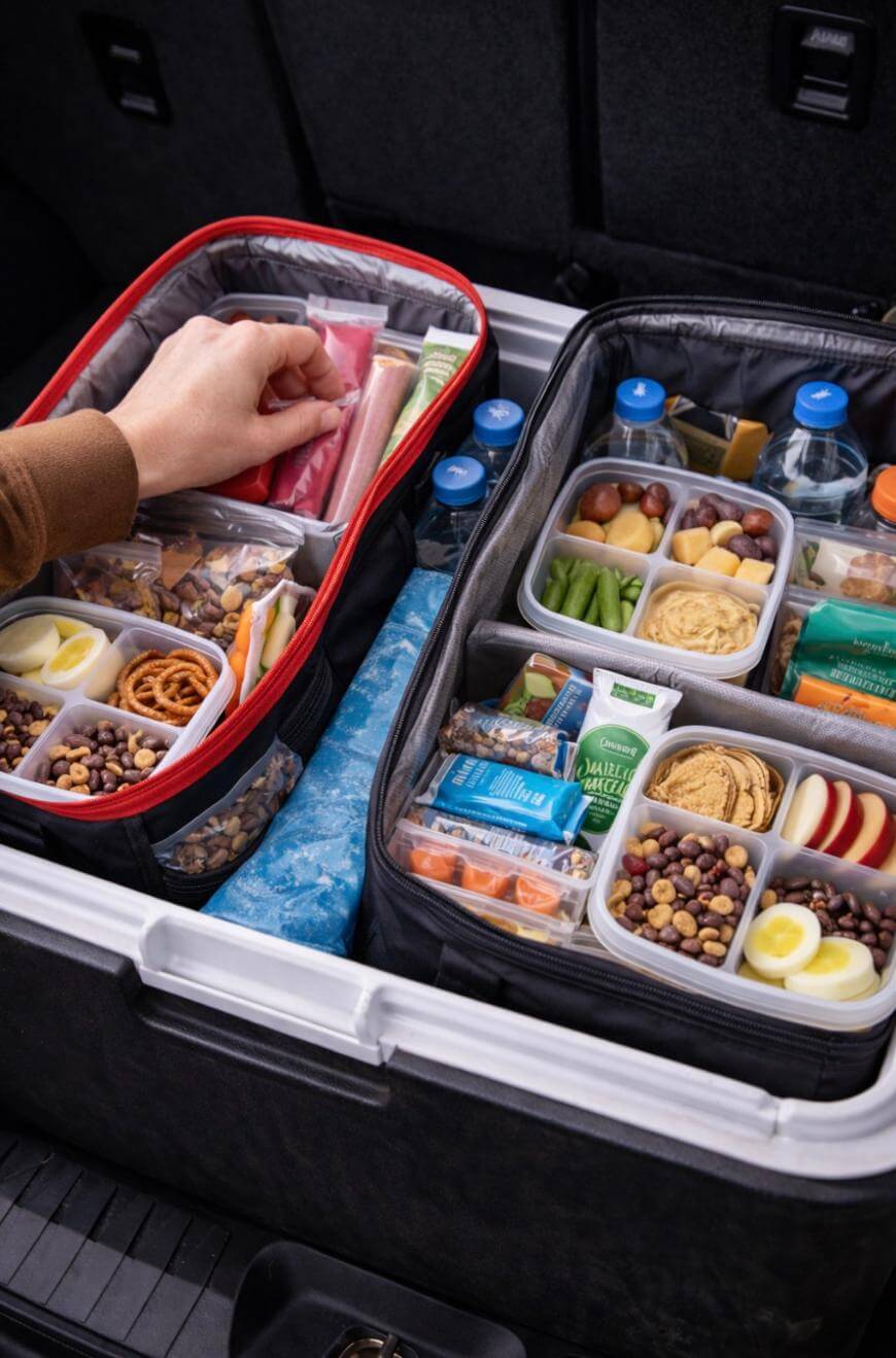 A person’s hand reaches into a cooler packed with organized containers of snacks, including fruit, eggs, pretzels, vegetables, cheese, nuts, hummus, meat sticks, snack bars, and bottled water, ideal for a road trip.