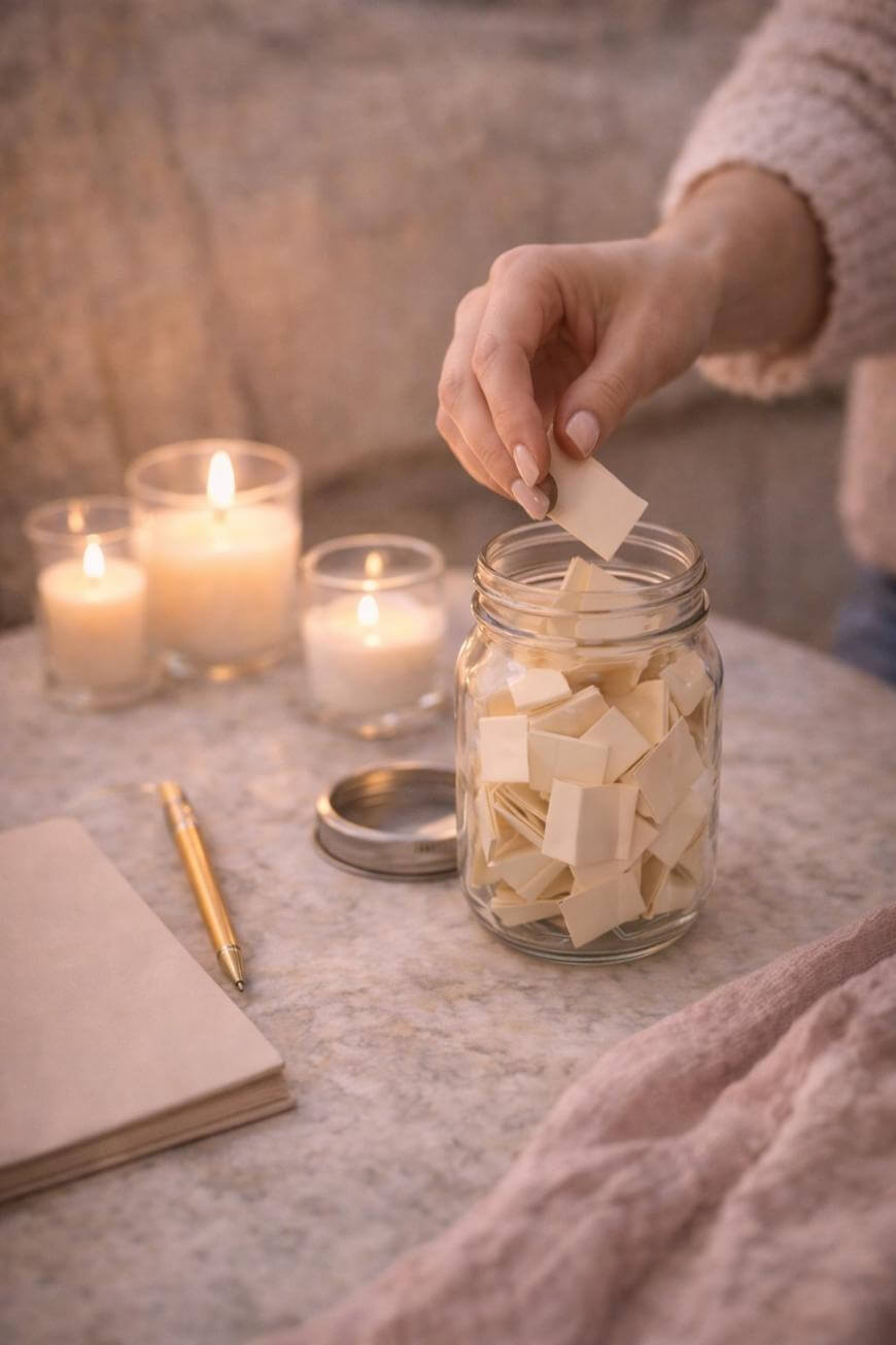 A hand places a small paper slip into a glass jar filled with similar slips, on a table with a pen, notebook, and three lit candles in the background, creating a cozy atmosphere.