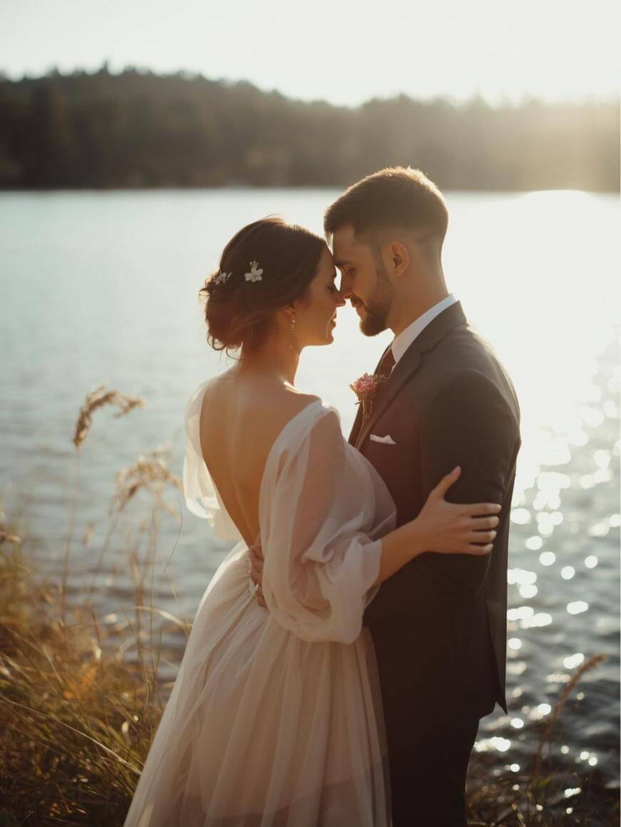 A bride and groom embrace by a lakeside at sunset, facing each other closely. The bride wears a flowing, open-back gown, and the groom is in a dark suit. Soft sunlight reflects on the water, creating a romantic atmosphere.