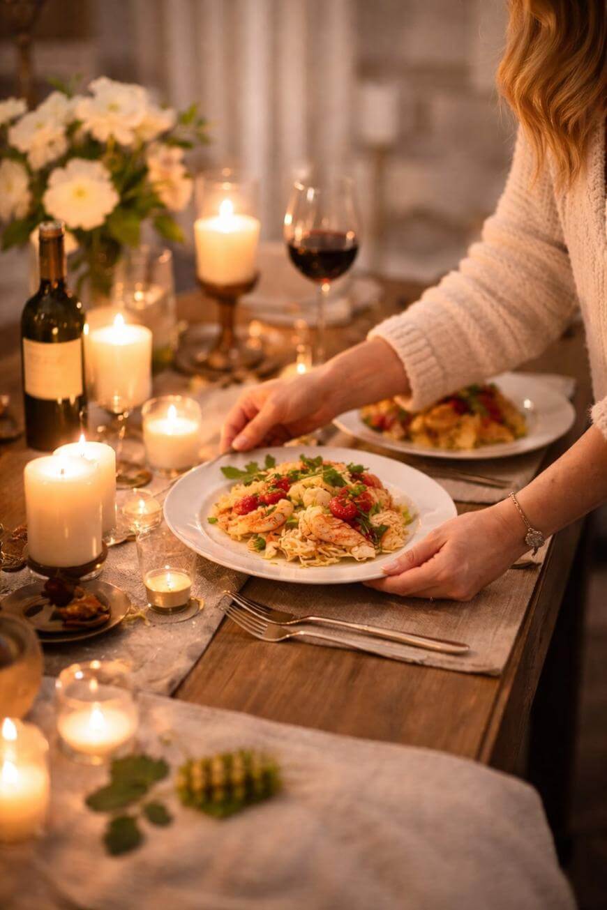 A person sets a plate of pasta with tomato sauce and herbs on a candlelit dinner table, decorated with flowers, wine, and elegant tableware, creating a warm and cozy atmosphere.