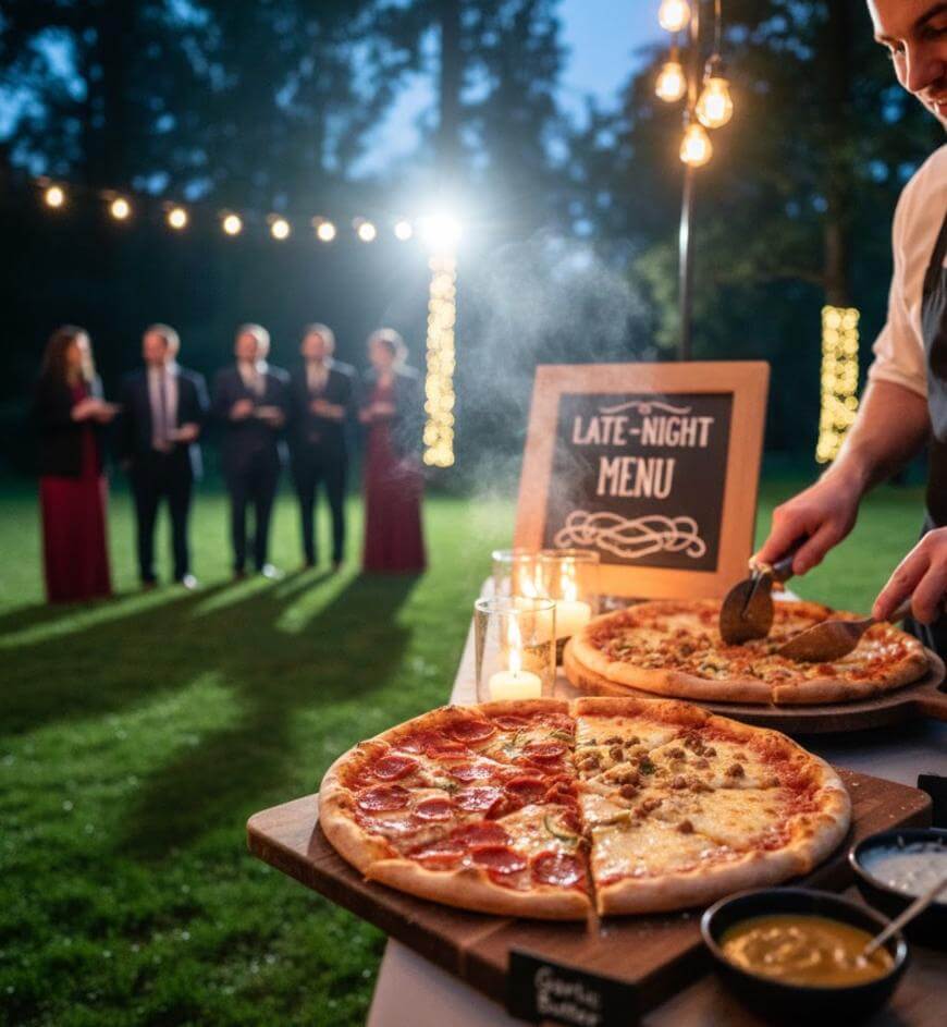 A person slices pizza at an outdoor event in the evening, with a Late-Night Menu sign and candles nearby. In the background, four people in formal attire stand together under string lights.