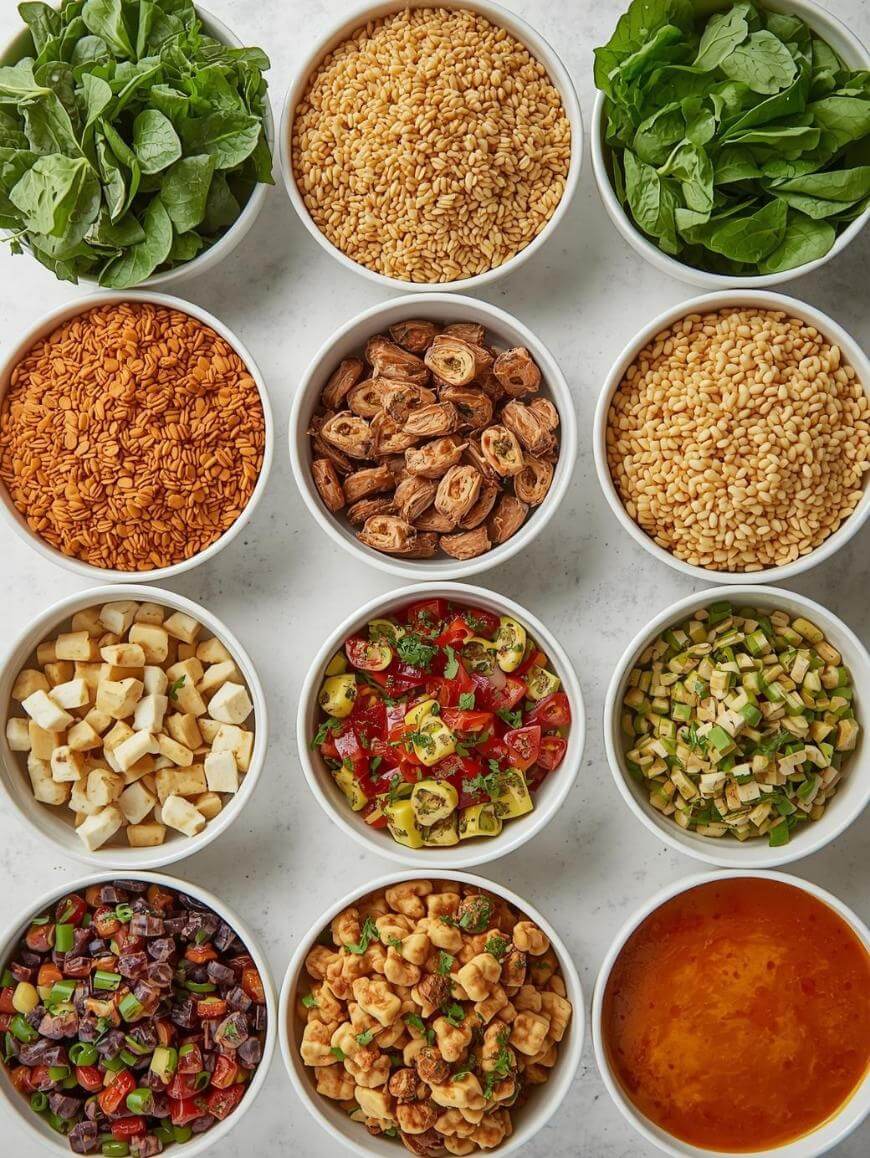 Twelve bowls containing various foods, including fresh greens, grains, pasta, cheese cubes, olives, chopped vegetables, bread crisps, orzo, and a bowl of soup, arranged neatly on a white surface.