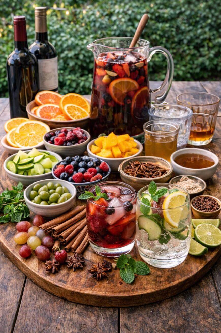 A round wooden tray with glasses of sangria, assorted sliced fruits, berries, spices, herbs, honey, and wine bottles arranged on a rustic outdoor table with greenery in the background.