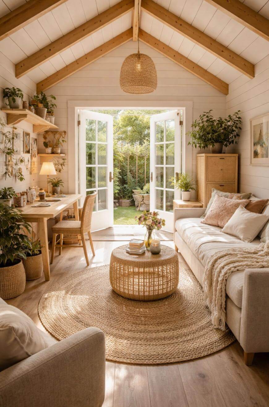 A cozy, sunlit living room with wooden beams, neutral furniture, a round woven rug, potted plants, a desk with a chair, and French doors opening to a lush green garden.