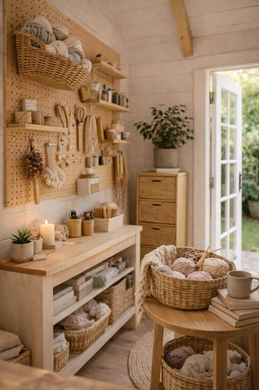 A cozy craft room with wooden furniture, yarn baskets, pegboard shelves holding craft supplies, a potted plant, and an open door letting in natural light from a garden outside.