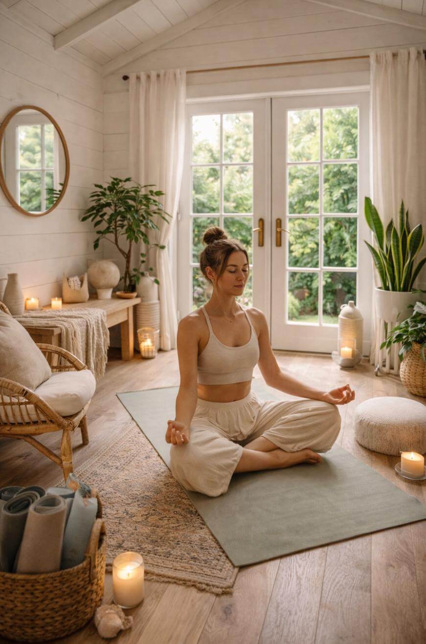 A woman sits cross-legged on a yoga mat in a bright, cozy room with plants, candles, and natural light from large windows, meditating peacefully.