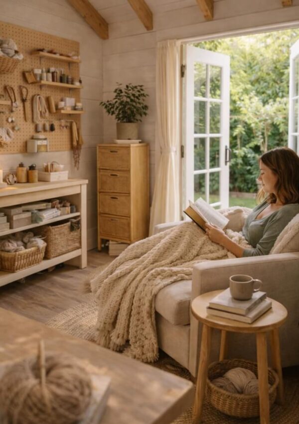 A woman sits in a cozy, sunlit room on an armchair with a blanket, reading a book. The room has yarn and craft supplies, warm lighting, open French doors, and a view of a lush green garden outside. A mug sits on a small table nearby.