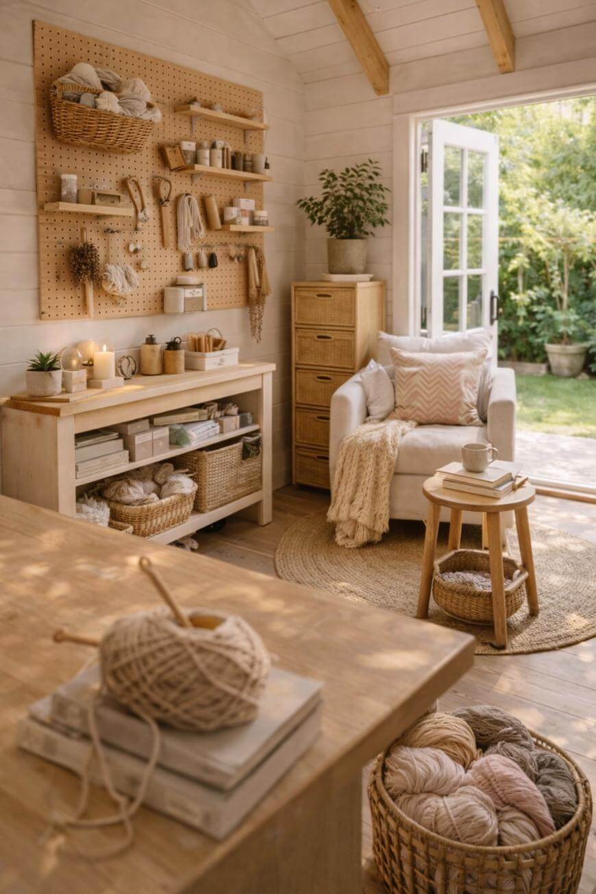 A cozy, sunlit craft room with wooden furniture, baskets of yarn, a pegboard with supplies, a comfy armchair with a blanket, and a small table with a mug, all facing open French doors to a green garden.