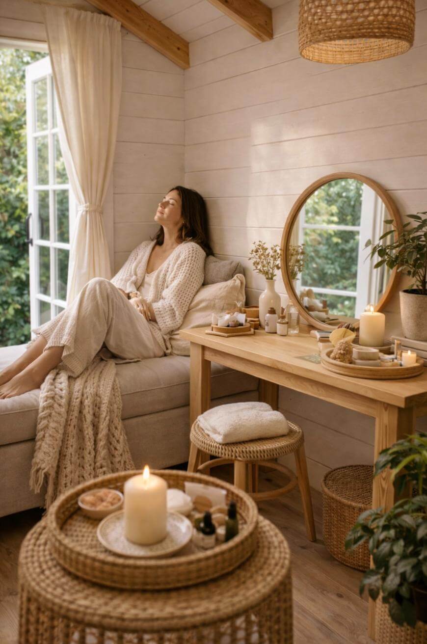A woman in cozy loungewear relaxes on a window seat in a sunlit room with natural decor, candles, and plants. A wooden vanity and round mirror are nearby, creating a tranquil, spa-like atmosphere.