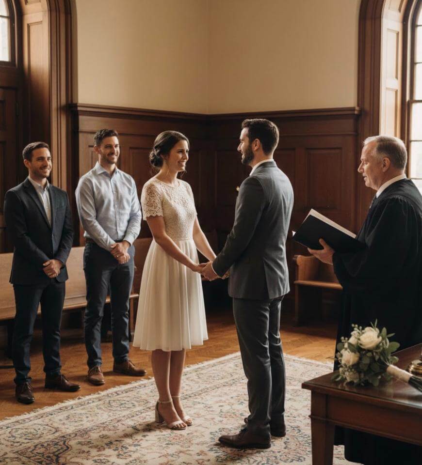 A couple stands holding hands, smiling at each other during a wedding ceremony in a courthouse. A judge officiates, and two men stand nearby as witnesses. Sunlight streams through large windows into the wood-paneled room.