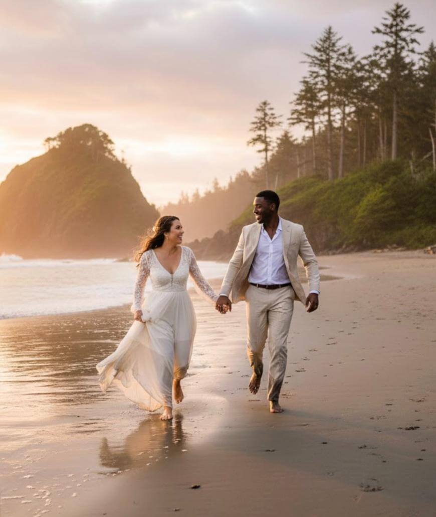 A couple dressed in wedding attire, barefoot and holding hands, joyfully walk along a sandy beach at sunset with trees and rocky cliffs in the background.