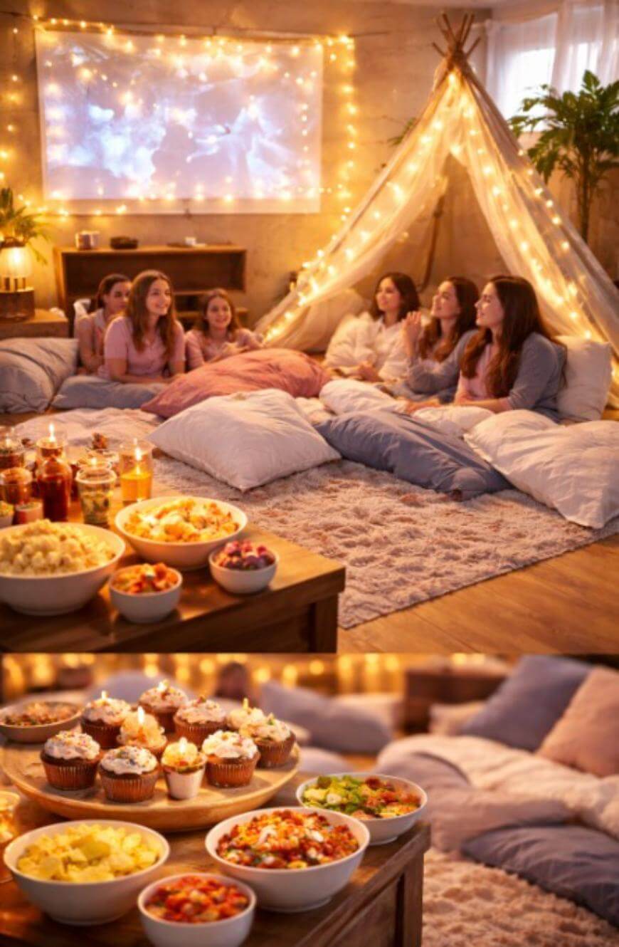 A cozy indoor movie night scene with six women sitting on pillows and blankets, surrounded by fairy lights and a teepee. A table in front of them holds snacks like popcorn, cupcakes, and chips. A movie plays on a screen in the background.