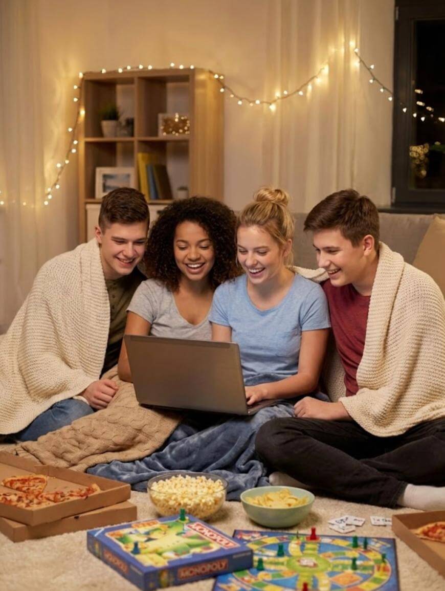 Four friends sit on the floor, smiling and looking at a laptop. They are surrounded by snacks, pizza, popcorn, and Monopoly, with string lights and cozy blankets in a warmly lit living room.