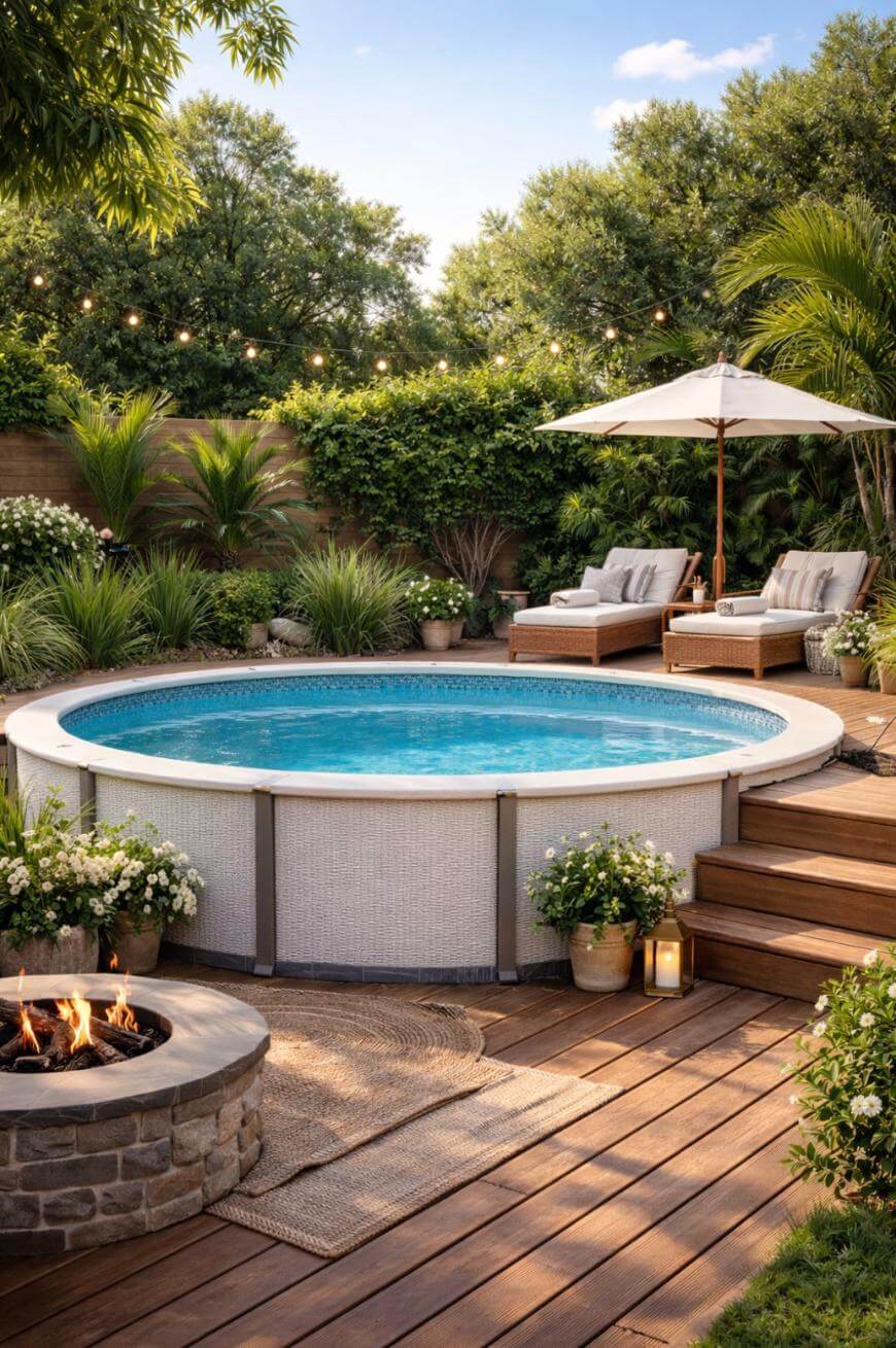An above-ground round pool with clear water is surrounded by wooden decking, lounge chairs with cushions, an umbrella, potted plants, and string lights. A fire pit sits nearby, creating a relaxing backyard scene.