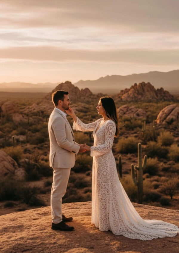 A bride and groom stand on a rocky desert landscape at sunset, holding hands and gazing at each other. The bride wears a long lace dress, and the groom is in a light suit. Cacti and mountains are in the background.