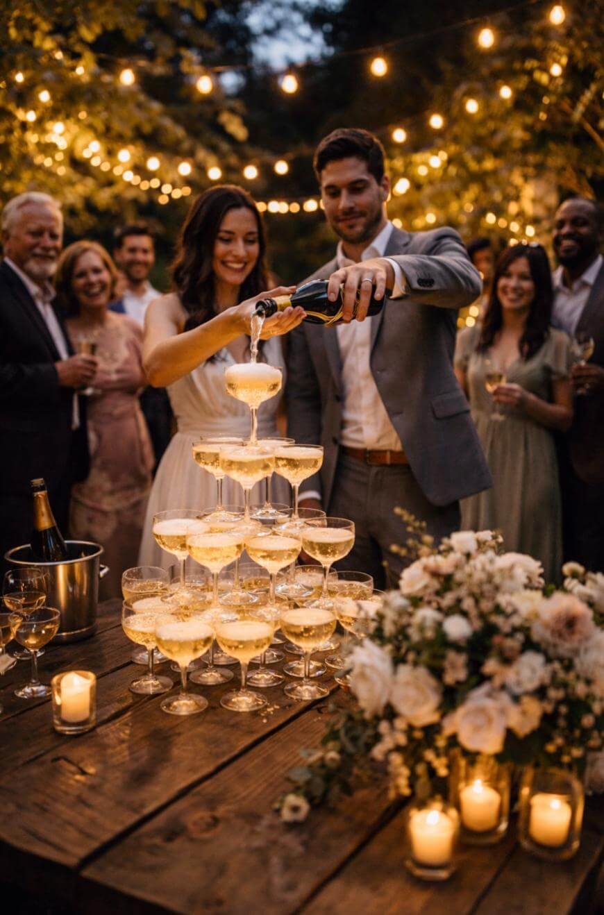 A couple pours champagne into a tower of glasses at an outdoor celebration, surrounded by smiling guests and string lights, with candles and flowers decorating the wooden table.