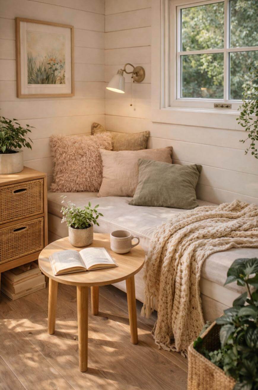 A cozy reading nook with a cushioned bench, assorted pillows, a knitted blanket, and potted plants. A round wooden table holds an open book, a mug, and another plant. Sunlight streams in through a window.