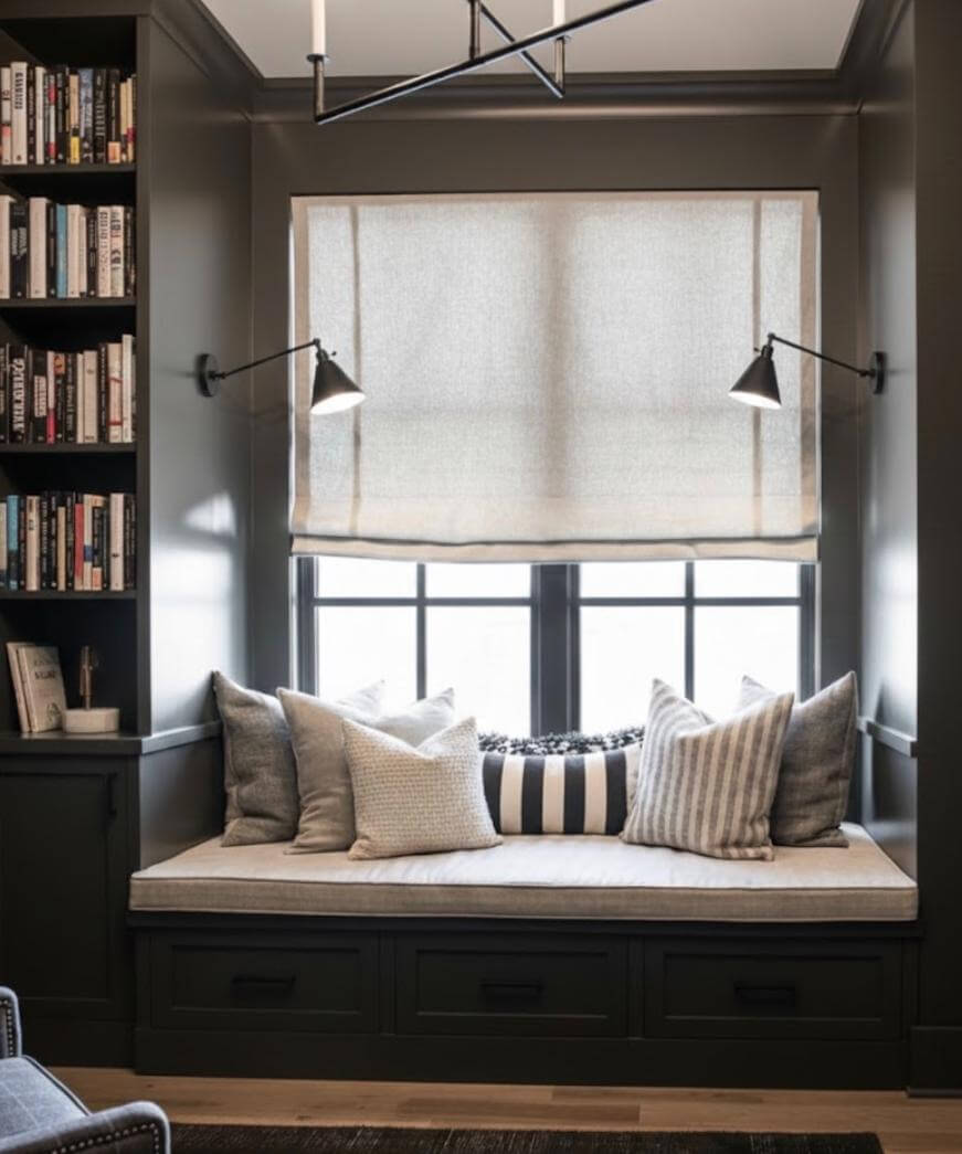 Cozy reading nook with built-in bench under a window, topped with neutral and striped pillows. Bookshelves line one side, and two adjustable wall lamps flank the window with a light Roman shade.