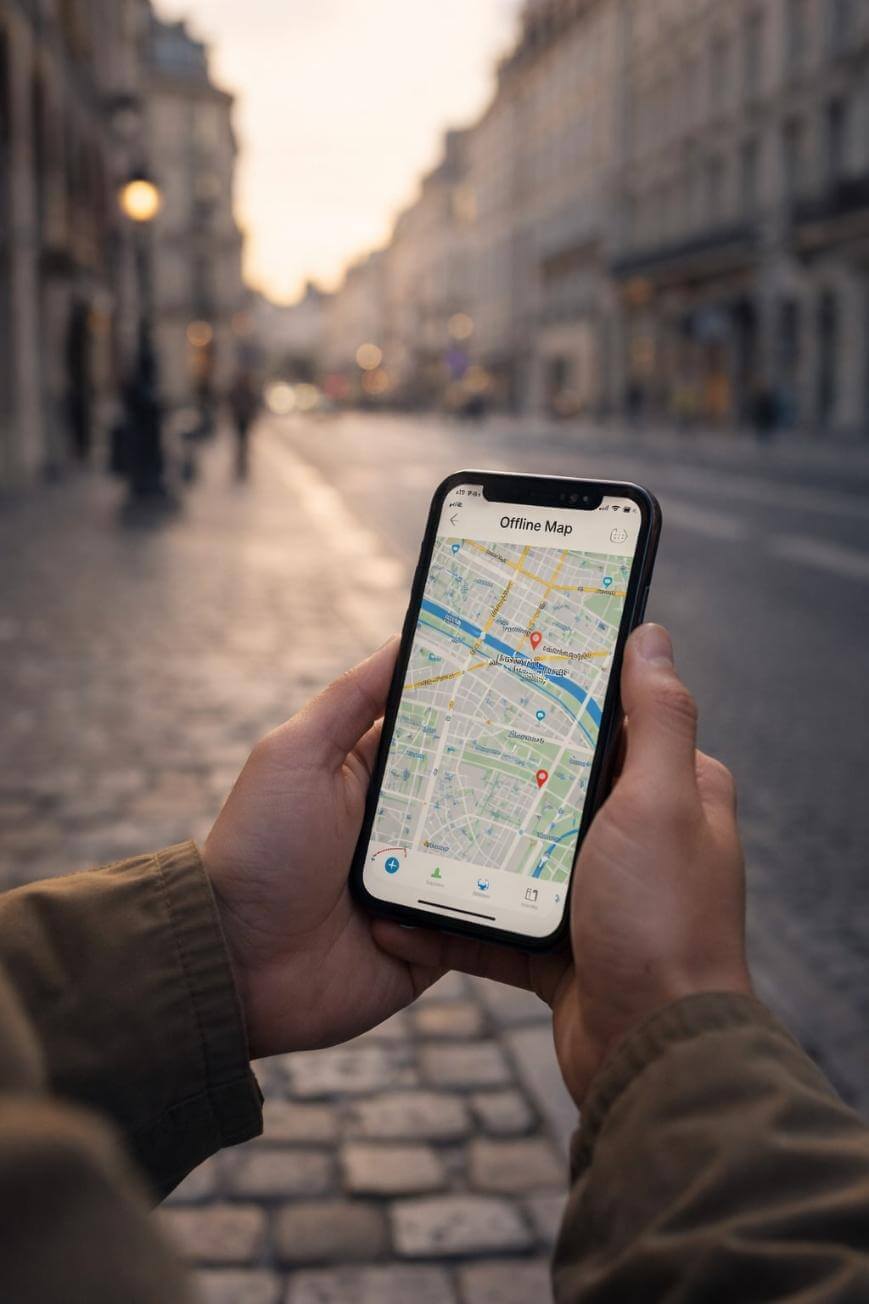 A person holds a smartphone displaying an offline map app on a quiet, cobblestone street in a city with old buildings at sunset.