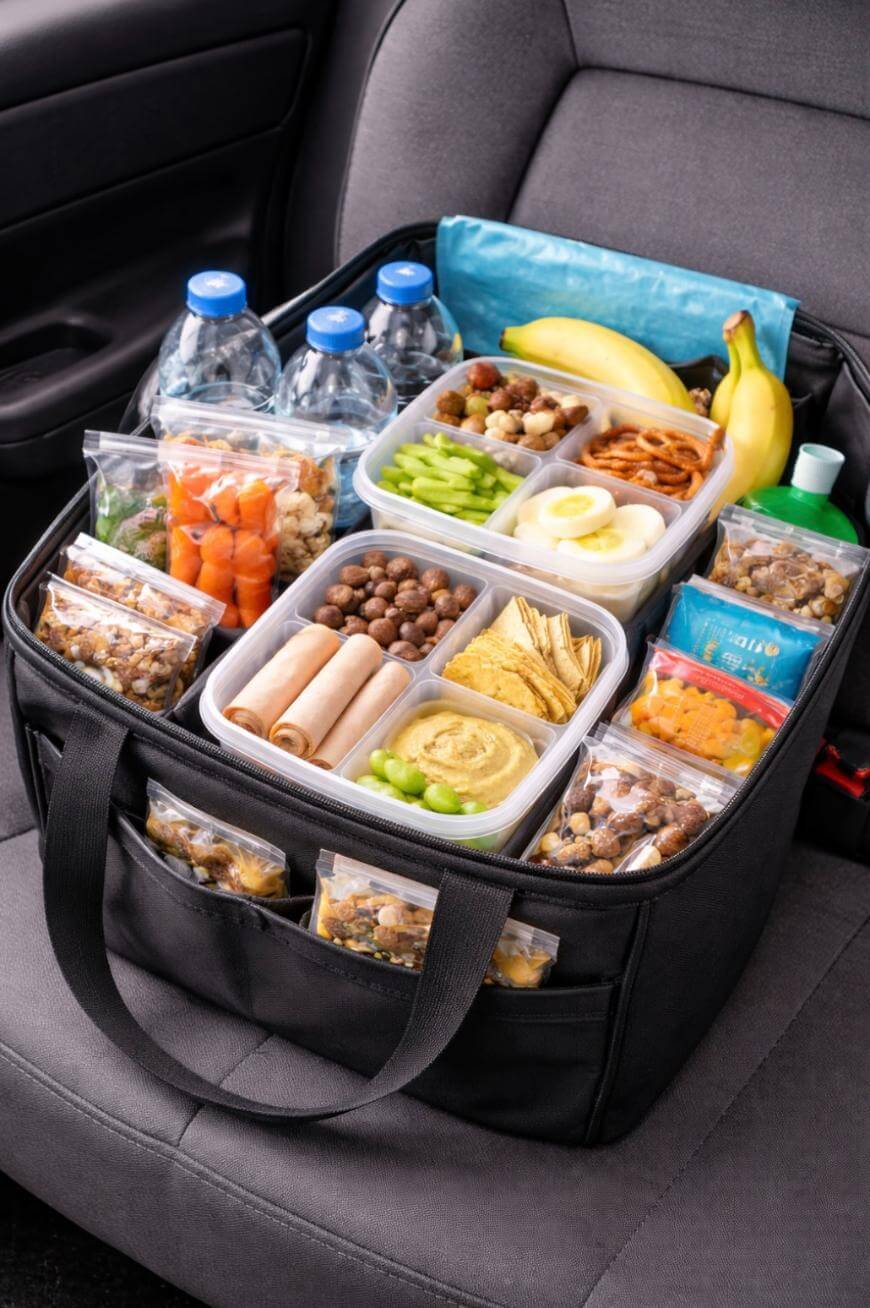 A black cooler bag on a car seat holds neatly packed snacks, including bottled water, bananas, veggie sticks, wraps, hard-boiled eggs, chips, granola bars, and small snack bags in clear containers.