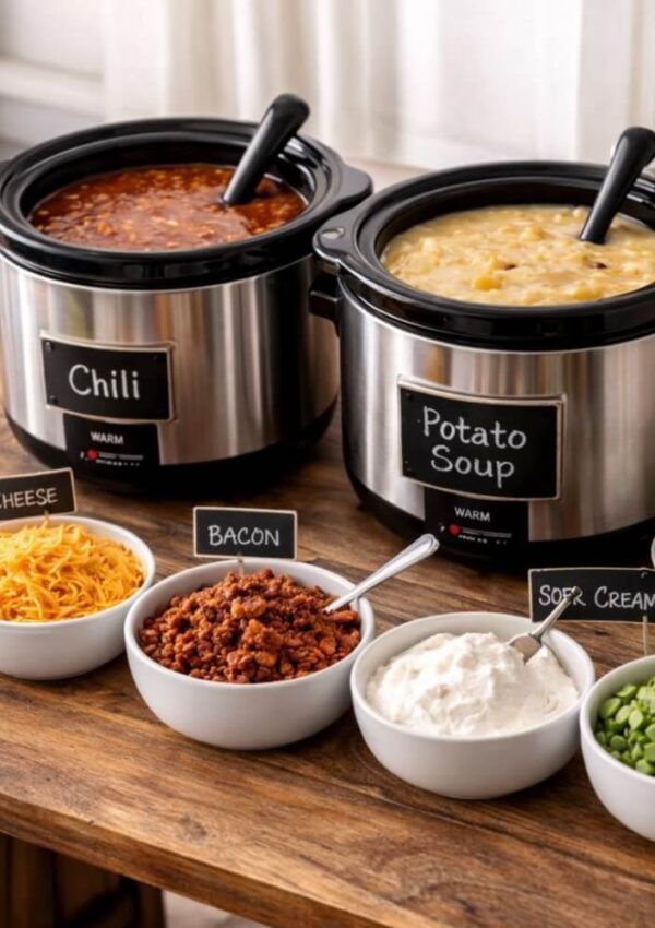 Two slow cookers labeled Chili and Potato Soup sit on a table beside bowls of shredded cheese, bacon bits, sour cream, and chopped green onions, ready to use as toppings.