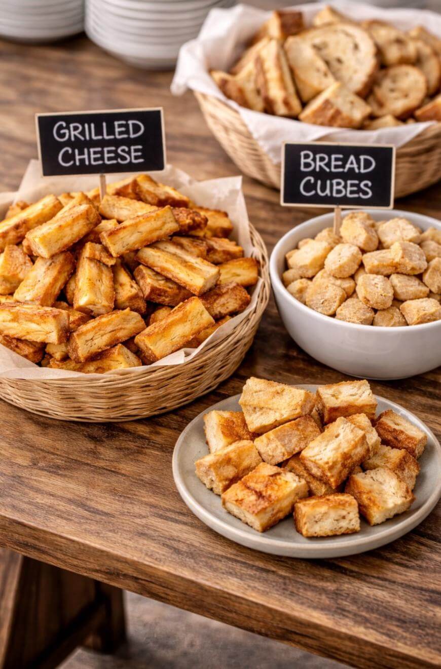 Three containers on a wooden table hold pieces of grilled cheese sandwiches and a bowl of bread cubes, each labeled with small signs. Plates and other bread are visible in the background.