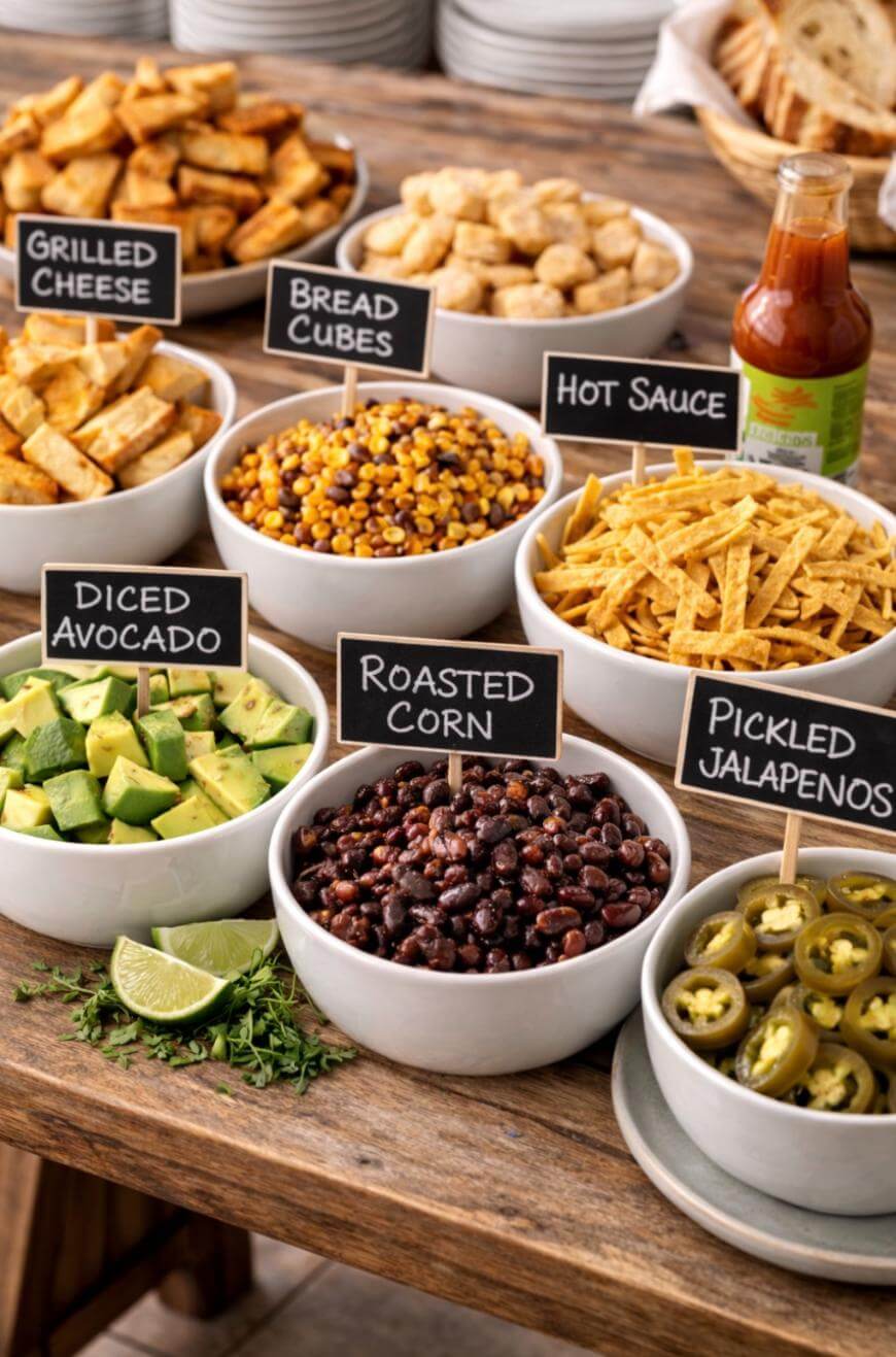 An assortment of toppings in bowls on a wooden table, including grilled cheese, bread cubes, hot sauce, diced avocado, roasted corn, pickled jalapeños, with labels for each item visible.