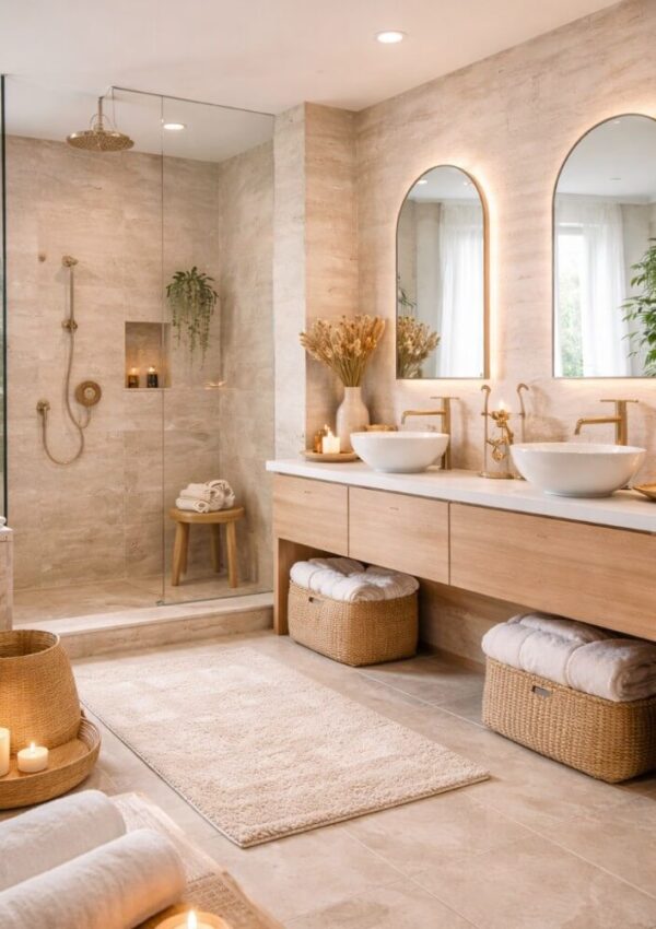 A modern bathroom with a large glass shower, dual sinks on a wooden vanity, round mirrors with backlighting, woven baskets, rolled towels, candles, and soft beige decor for a relaxing, spa-like atmosphere.