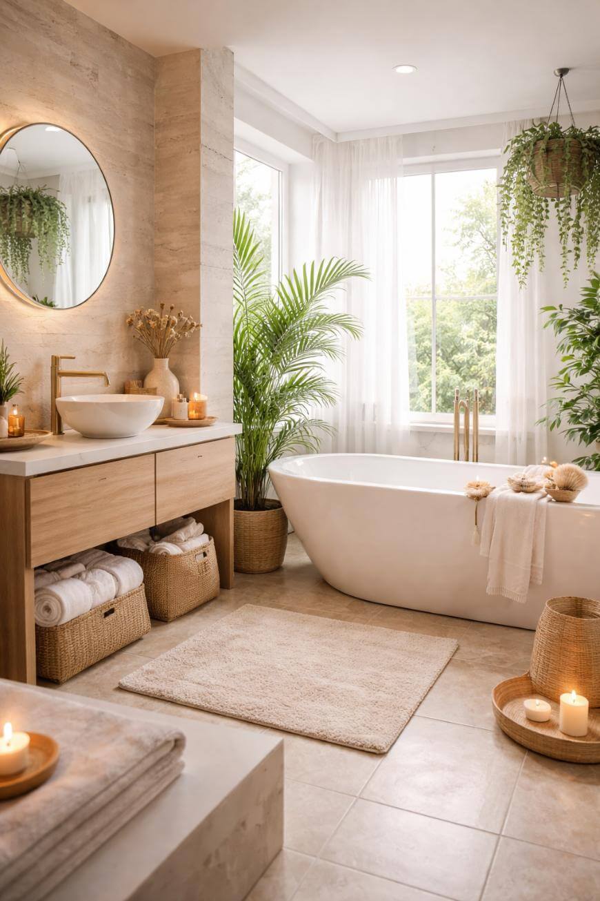 A bright, modern bathroom with a freestanding tub, large window, potted plants, wooden vanity with vessel sink, round mirror, woven baskets, rolled towels, and lit candles creating a serene, spa-like atmosphere.