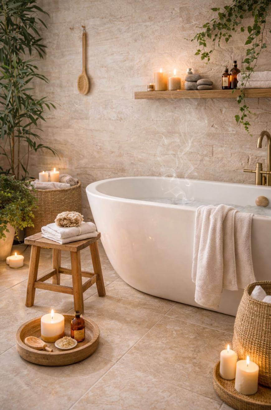 A serene bathroom with a white freestanding tub, surrounded by lit candles, towels, wooden stool, plants, and a shelf with spa items. Warm lighting creates a relaxing, spa-like atmosphere.