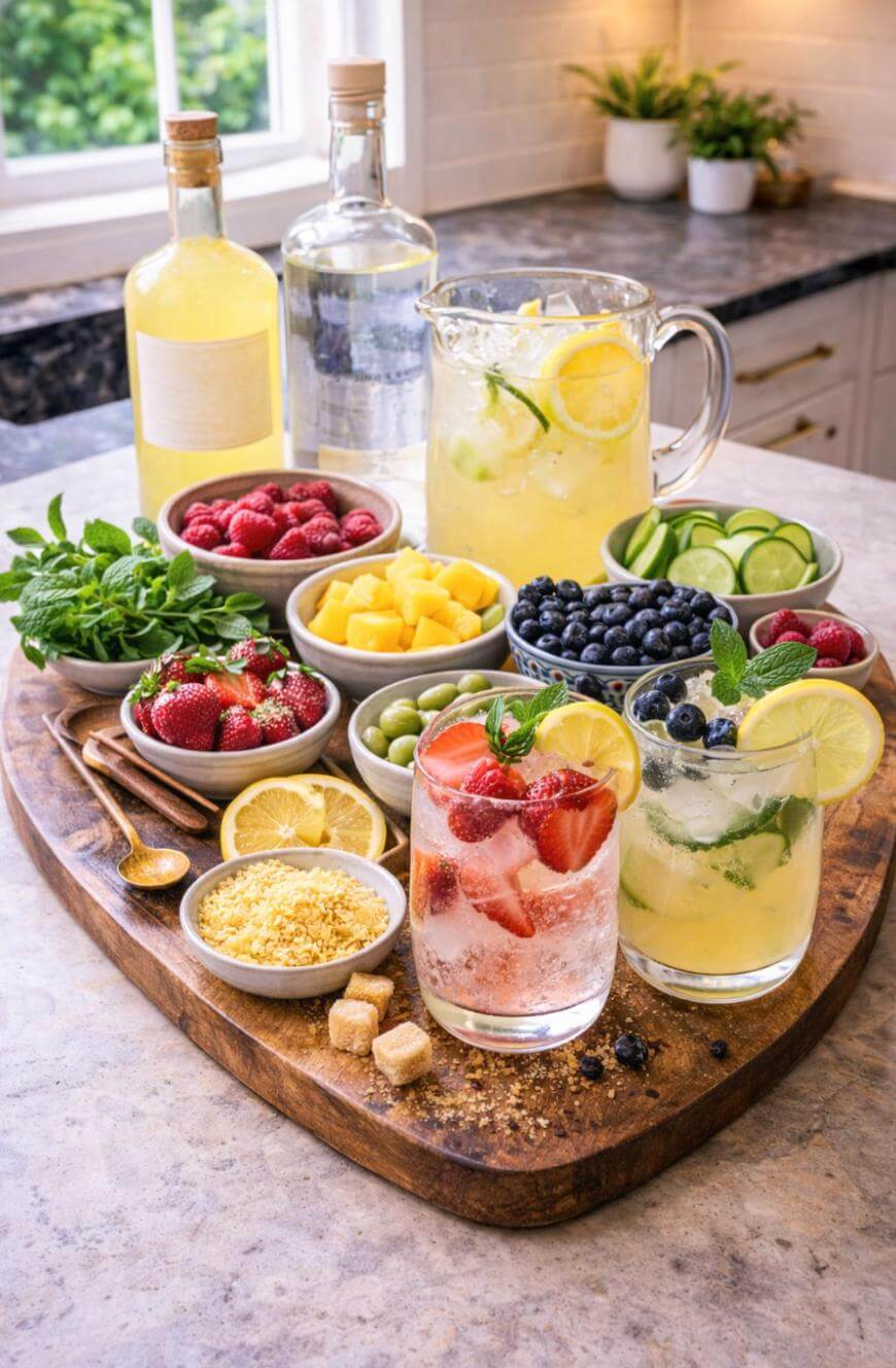 A wooden board with two cocktails, a pitcher of lemonade, bottles of liquor and lemonade, bowls of fresh fruit, mint, cucumber, lemon slices, and cocktail garnishes on a kitchen counter.