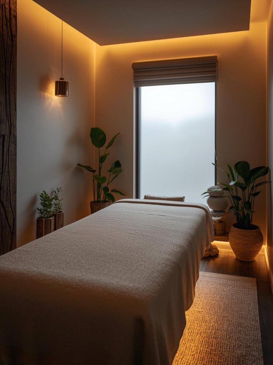 A cozy, modern massage room with a neatly made bed, warm ambient lighting, potted plants, a soft rug, and a large window with frosted glass letting in natural light.