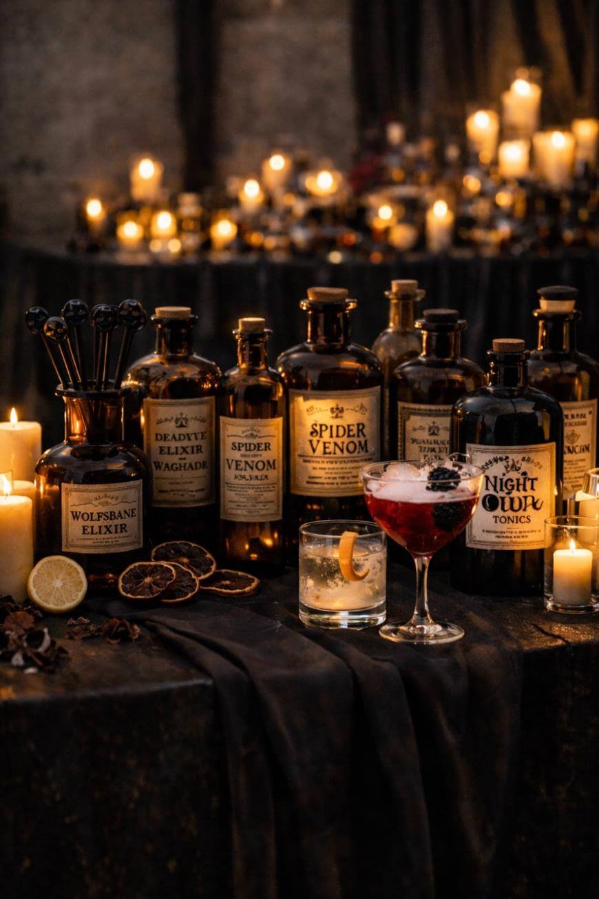 A dark, moody scene with vintage potion bottles labeled “Deadly Elixir,” “Spider Venom,” “Wolfsbane Elixir,” and “Night Owl Tonics” surrounded by lit candles, dried citrus slices, and two cocktails on a draped table.