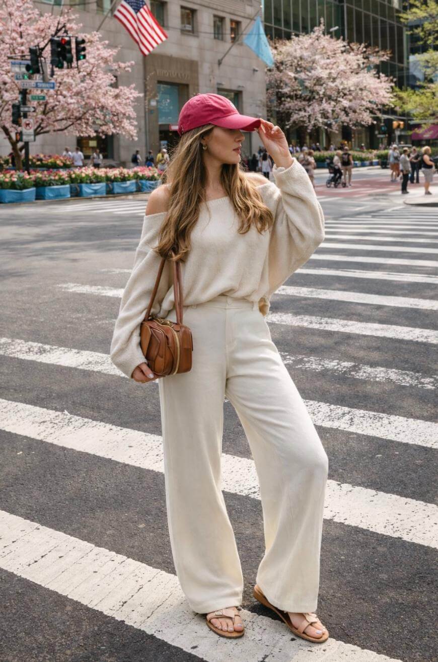 A woman stands on a city crosswalk wearing an off-shoulder cream sweater, wide-leg cream pants, sandals, a red baseball cap, and a brown crossbody bag. Blossom trees and buildings are in the background.
