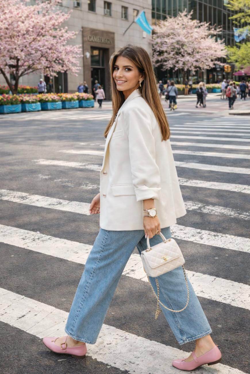 A woman with long hair wearing a white blazer, light blue jeans, and pink shoes crosses a city street. She holds a small white purse and smiles, with blooming cherry blossom trees and city buildings in the background.