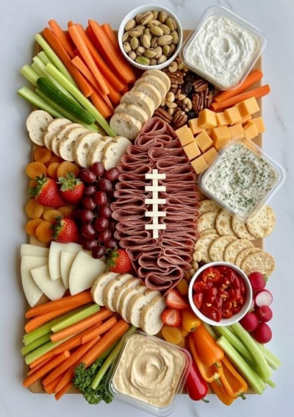 A charcuterie board arranged with meats, cheeses, crackers, fruits, veggies, nuts, and dips. Slices of meat form a football shape in the center with white cheese strips as laces, perfect for a sports-themed gathering.