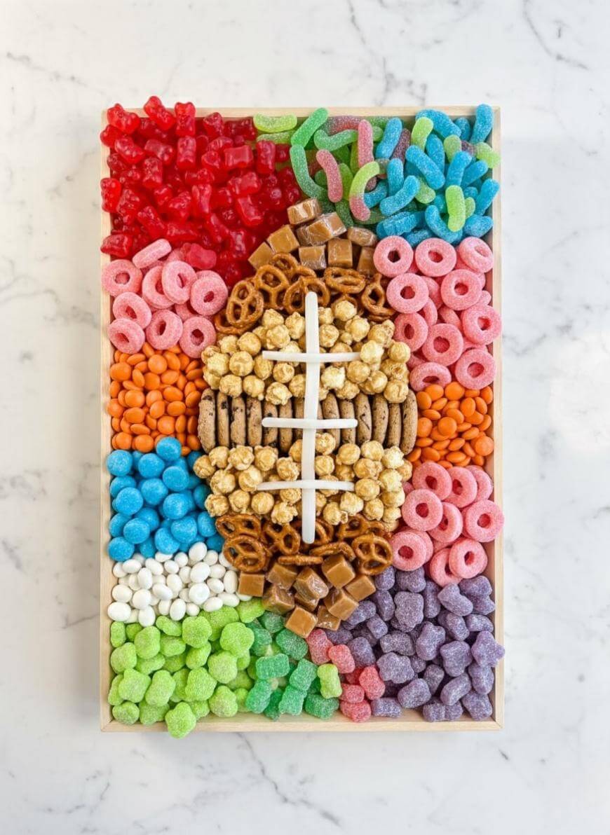 A snack tray arranged with colorful candies, popcorn, pretzels, and cookies, featuring a central football shape made of pretzels, popcorn, and white candy laces, on a white marble surface.