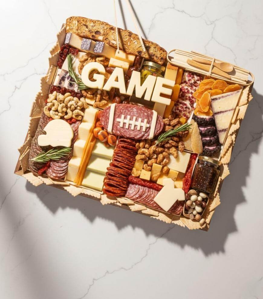 Charcuterie board with cheeses, meats, nuts, dried fruits, crackers, and spreads, arranged with GAME and a football shape made of cheese, styled for a sports theme on a marble surface.