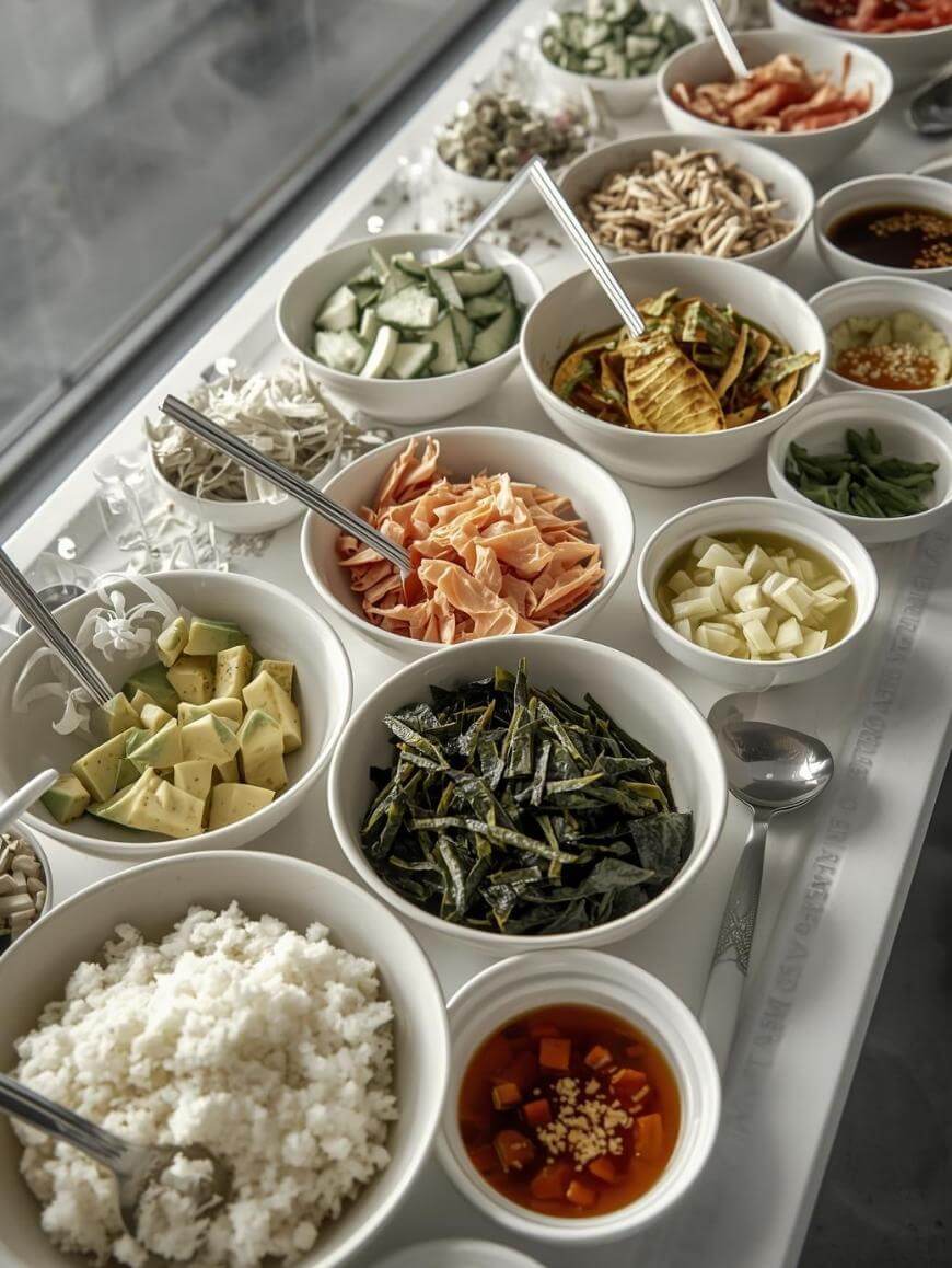 A variety of white bowls filled with assorted fresh vegetables, toppings, sauces, and rice, arranged neatly on a tray with spoons and tongs for serving.