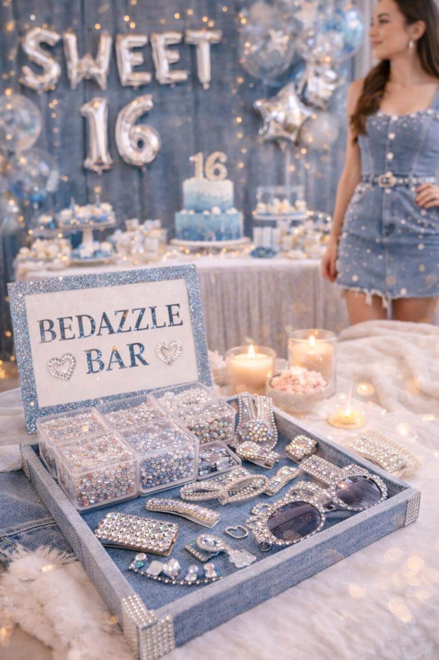A Bedazzle Bar is displayed with rhinestones, sunglasses, hairbrushes, and accessories, all covered in gems. In the background, a girl in a pearl-embellished dress stands at a Sweet 16 party with blue decor and cakes.