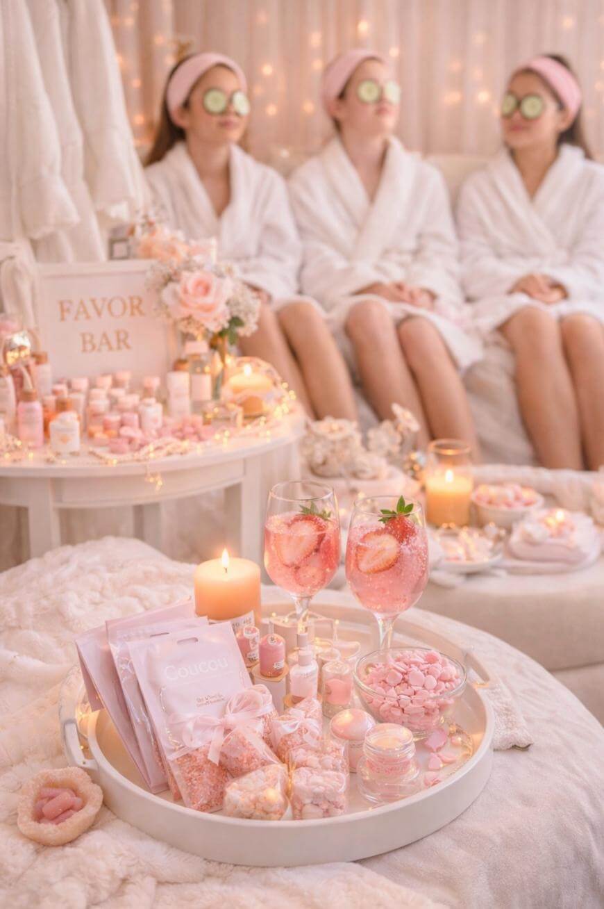 Three people in white robes and pink headbands with cucumber slices on their eyes sit on a couch at a spa, surrounded by pink-themed spa products, candles, flowers, and drinks on cozy tables.
