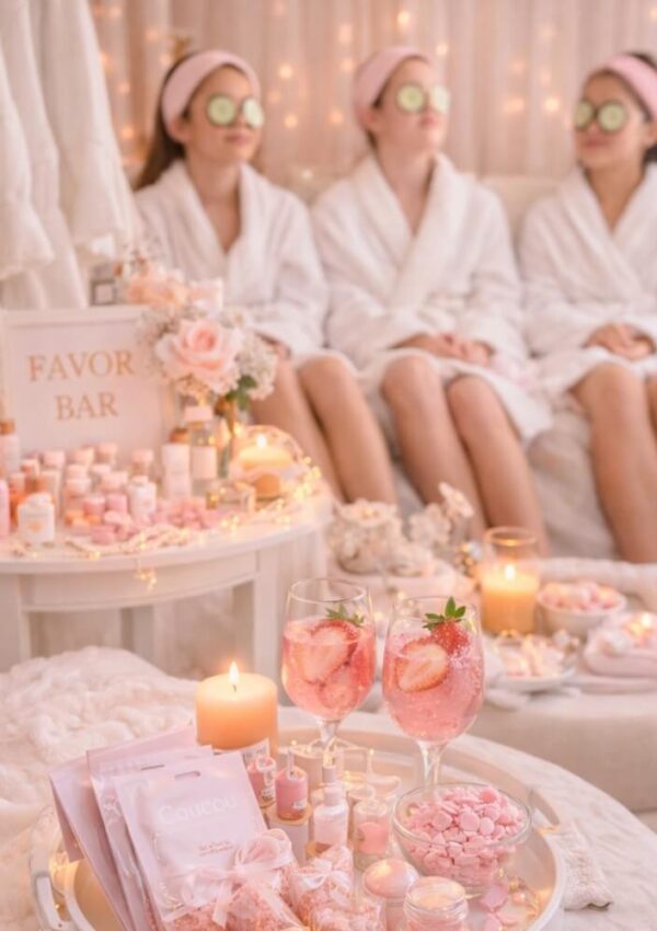 Three people in white robes and pink headbands relax with cucumber slices on their eyes. In front, a table holds pink drinks, candles, candy, and spa products amid soft, pastel decor and fairy lights.