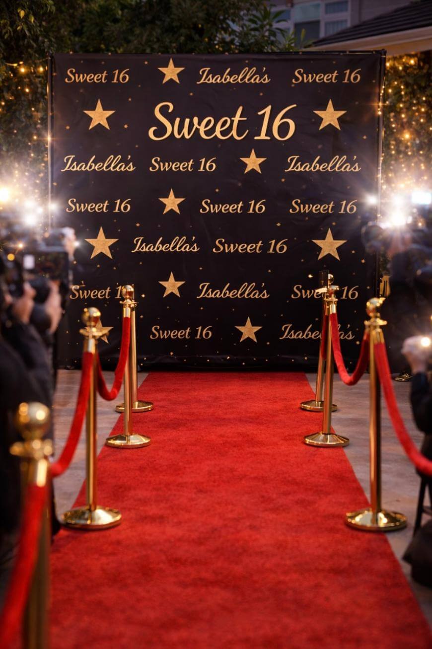 A red carpet leads to a black and gold backdrop with stars and the words Isabellas Sweet 16. Photographers line the sides, taking pictures under string lights.
